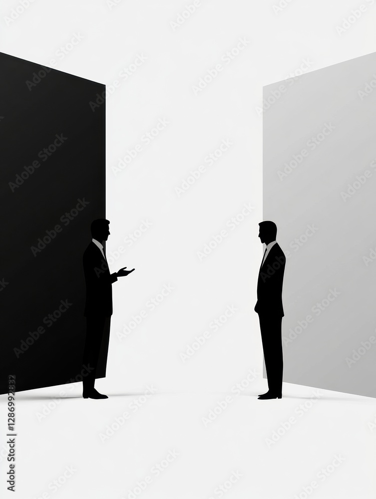 Poster two silhouettes engaged in conversation between contrasting walls illustrating a dialogue about choi
