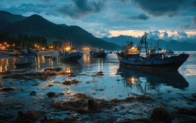 Naklejka premium Professional stock photo of a Overfished ocean area with fishing boats and depleted marine life