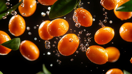 Vibrant background of floating kumquats with water droplets and green leaves