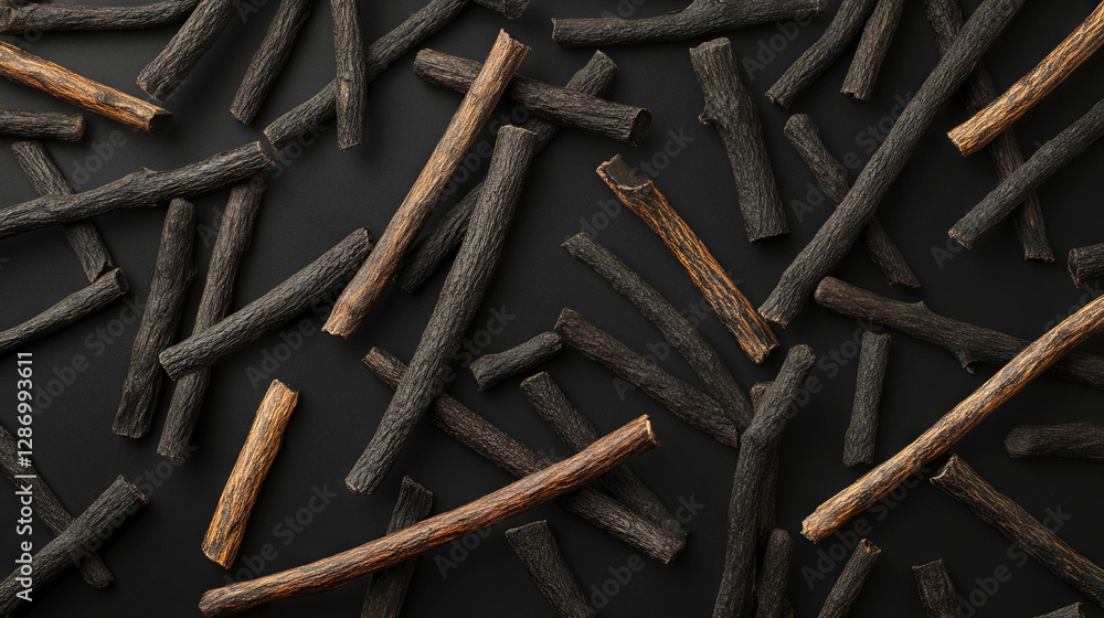 Poster artistic background of floating licorice sticks on dark surface for creative design projects