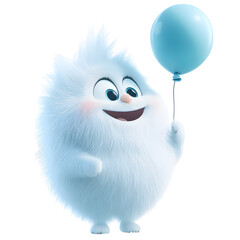 Obraz premium A Fluffy 3D Cartoon Character Holding a Blue Balloon Isolated on Transparent Background