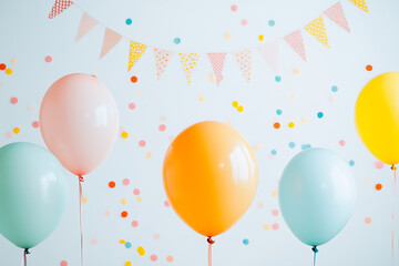 Colorful pastel balloons and confetti against light blue background.