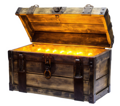 PNG Open wooden chest treasure vintage glowing. 
