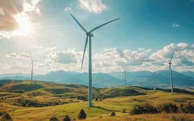 Professional stock photo of a Wind turbine farm generating renewable energy on a sunny day