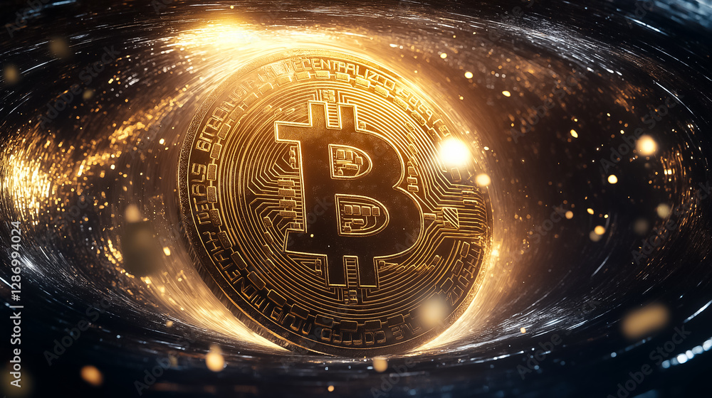 Poster bitcoin symbol shines at the center surrounded by swirling golden particles creating a dynamic and c
