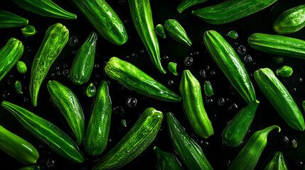 Fresh green okra pods floating with water droplets background for culinary design