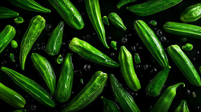 Fresh green okra pods floating with water droplets background for culinary design