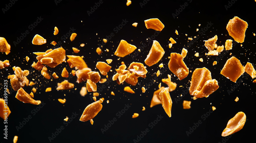 Poster dynamic display of floating peanut brittle pieces against a dark background for culinary art and des