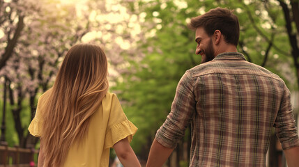 Fototapeta premium A couple walks hand in hand along a picturesque path adorned with vibrant blossoms, basking in the gentle warmth of sunlight on a beautiful spring day
