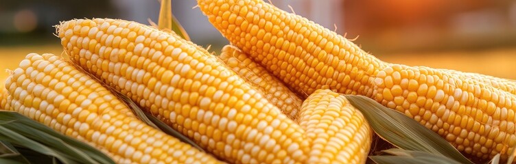 Fresh Yellow Corn on the Cob with Green Leaves at Sunset