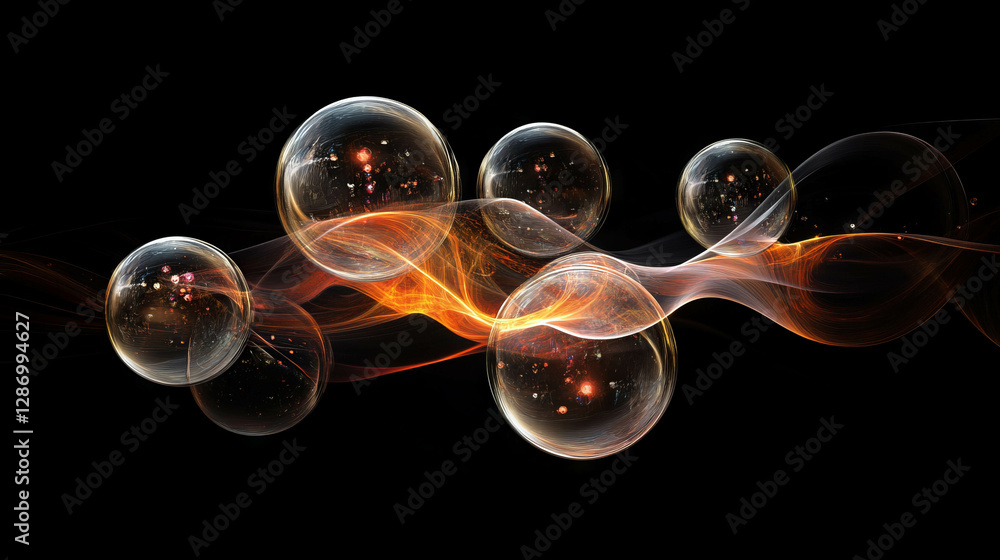 Poster futuristic abstract background with floating transparent spheres and dynamic light waves