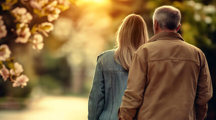 Fototapeta premium A loving couple walks hand in hand under blooming spring trees, enjoying the serene beauty of nature as sunlight filters through the branches, creating a warm and magical atmosphere