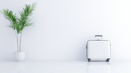 White suitcase awaits travel; plant in minimalist room