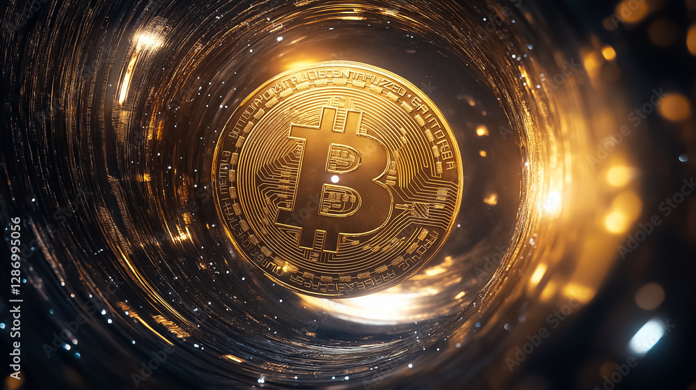 Poster bitcoin is rotating in a tunnel filled with shimmering golden particles, showcasing the digital curr