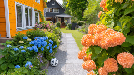Bright blossoms frame a charming cottage garden where a soccer ball rests on the path, evoking fond childhood memories of carefree days spent playing outdoors under the sun