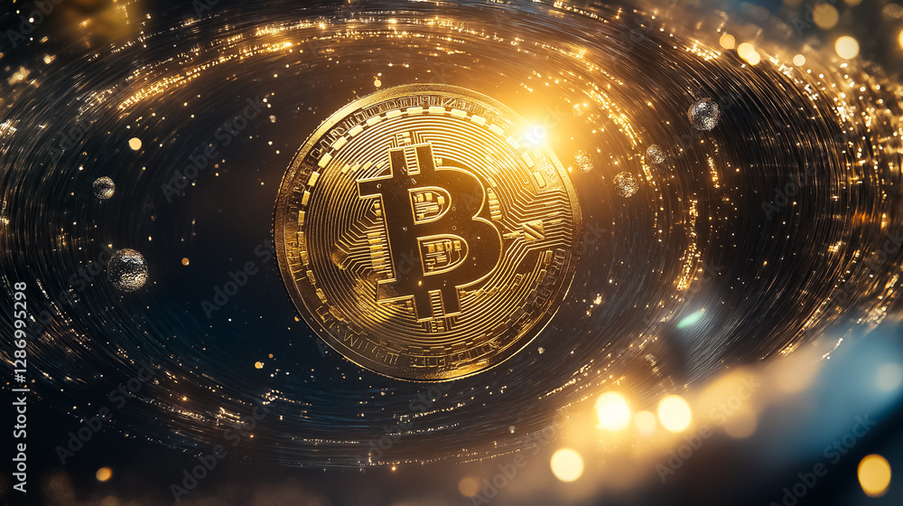 Poster a glowing bitcoin symbol floats in a dynamic digital space filled with swirling golden particles