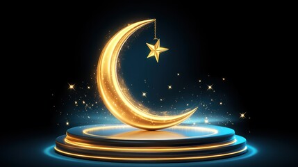 Naklejka premium Golden Crescent Moon and Star Illustration on Platform for Ramadan