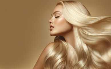 Beautiful girl with hair coloring in ultra blond. Stylish hairstyle done in a beauty salon. Fashion, cosmetics and makeup