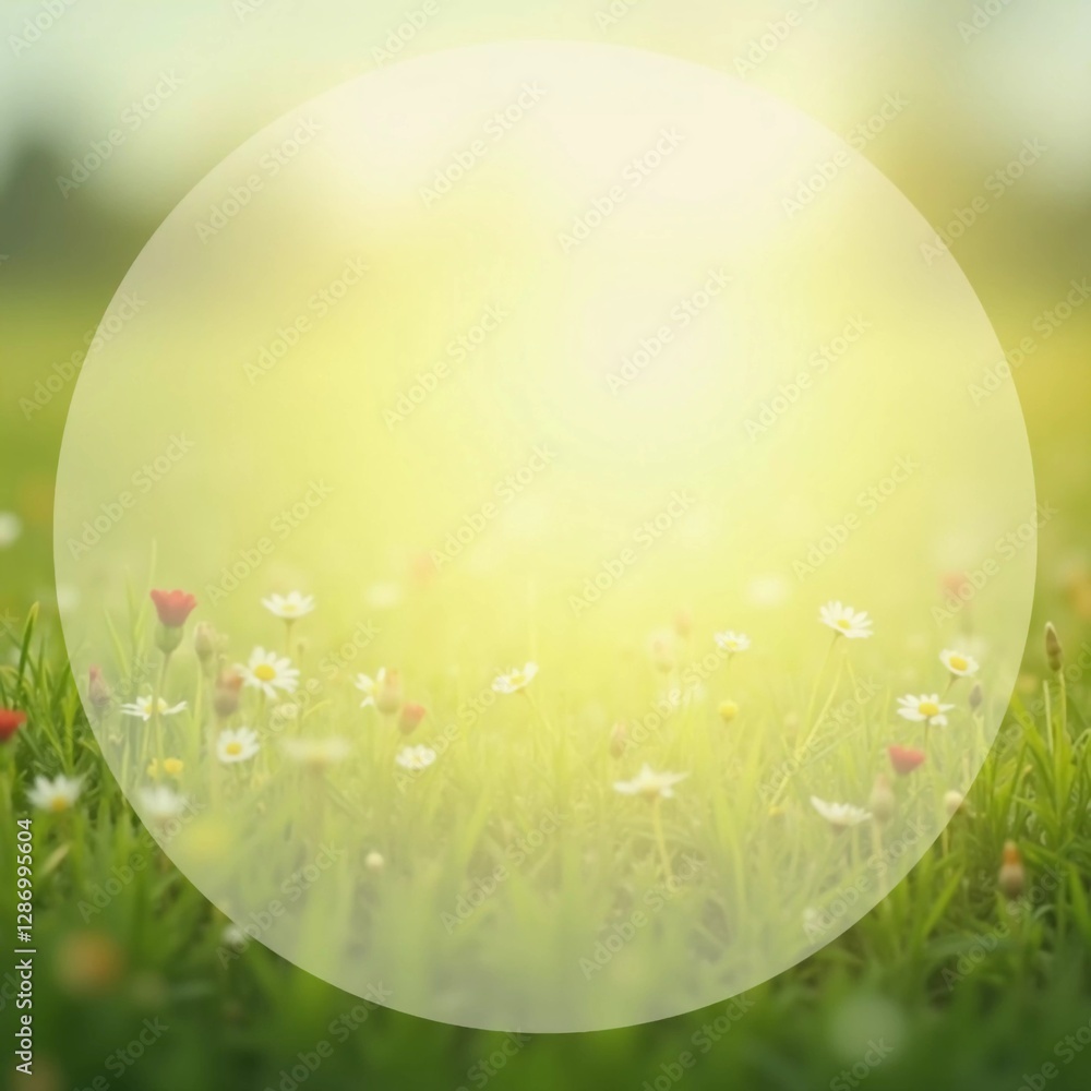 Poster a serene setting features rounded translucent area, perfect for text, amidst field of daisies. soft 