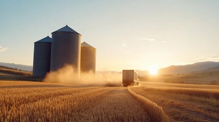 Sunset harvest truck delivering grain to silos