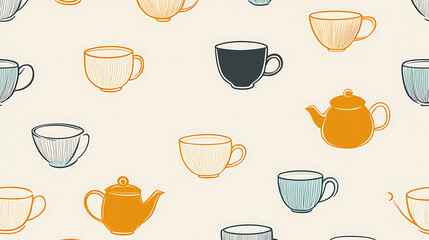 A pattern of cups and teapots is drawn in a variety of colors. generated using AI