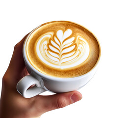 A Hand Holding a Latte with Latte Art Isolated on Transparent Background