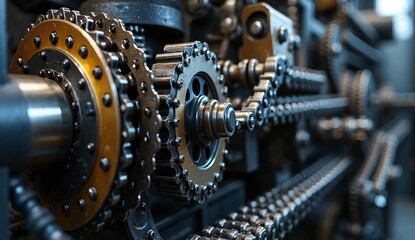 Detailed Close-Up of Industrial Gears and Chains in Motion