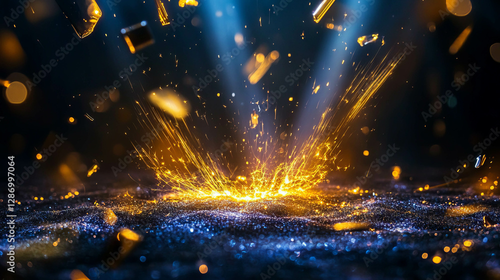 Poster dynamic explosion of bright yellow sparks and flashes in dark background for creative design