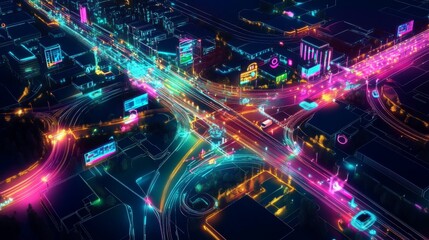 Obraz premium Vibrant cityscape illuminated by neon lights at night showcasing bustling urban activity and traffic flow