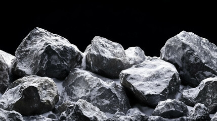 Snow covered rocks with varied textures on a dark backdrop for natural winter design