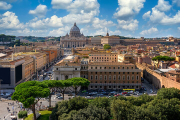 Aerial view of Rome, Saint Peter basilica, via della Conciliazione and Vatican, Italy. Rome...
