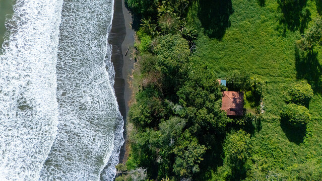 Drone aerial view of Playa Negra beach, tropical beach with beautiful vegetation and black sand, Punta Uva, Puerto Viejo, Costa Rica.