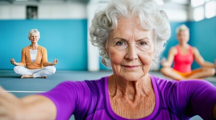 Senior Woman Taking a Selfie During Yoga Class at the Gym, promo for a gym for senior people 
