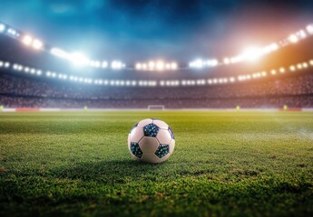 Naklejka premium Soccer ball standing on grass in illuminated stadium during night