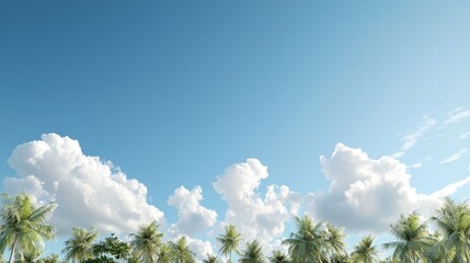 Obraz premium Tropical beach paradise, palm trees under sunny sky, vacation background