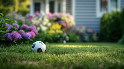 Obraz premium A soccer ball sits on freshly cut lawn, catching the warm glow of golden hour. Nearby, colorful flowers bloom, creating a serene atmosphere perfect for outdoor activities and relaxation