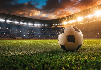 Soccer ball on field in crowded stadium at sunset