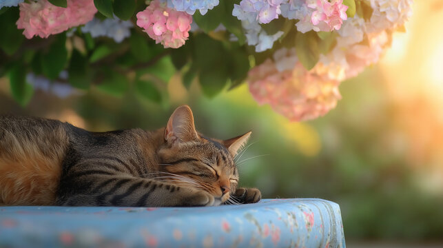 A content tabby cat peacefully naps in a sunlit garden, surrounded by vibrant hydrangeas. The warm glow of golden hour casts a magical light over this tranquil moment