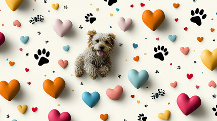 A dog is sitting on a bed of hearts and paw prints. generated using AI