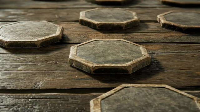 Unique hexagonal stones arranged on a rustic wooden surface in a cozy interior setting during the afternoon