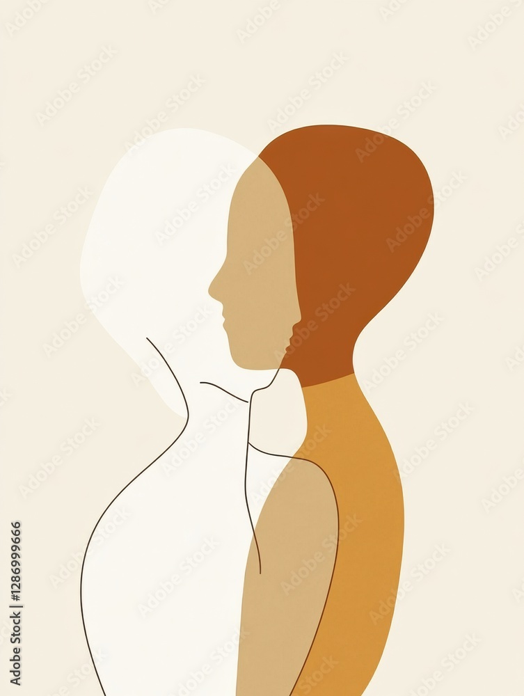 Poster minimalist illustration of two people hugging in warm colors against a simple background for emotion