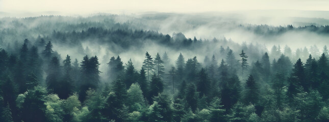 Foggy evergreen forest at dawn