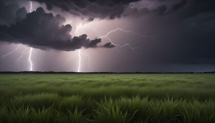 A field of grass under a stormy sky with lightning, dark clouds and stars, the horizon is visible in the background