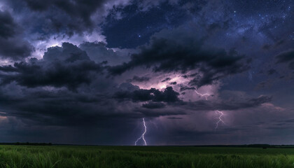 A field of grass under a stormy sky with lightning, dark clouds and stars, the horizon is visible in the background