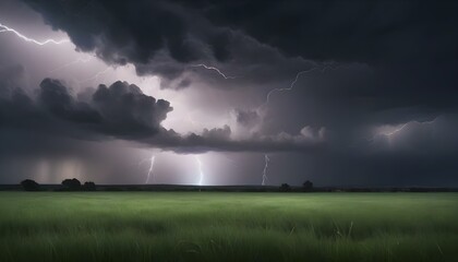 A field of grass under a stormy sky with lightning, dark clouds and stars, the horizon is visible in the background