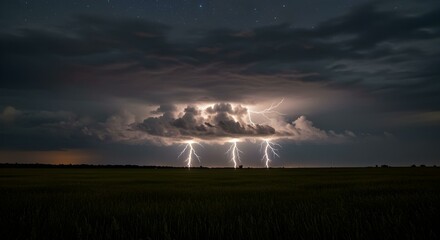 A field of grass under a stormy sky with lightning, dark clouds and stars, the horizon is visible in the background