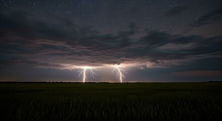 A field of grass under a stormy sky with lightning, dark clouds and stars, the horizon is visible in the background