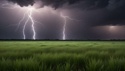 A field of grass under a stormy sky with lightning, dark clouds and stars, the horizon is visible in the background