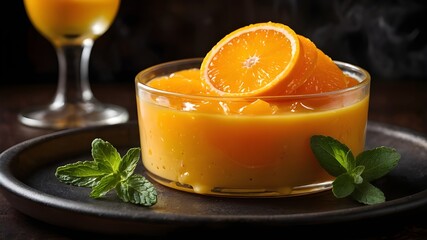 Tangerine pudding decorated with fresh fruit and mint leaves..