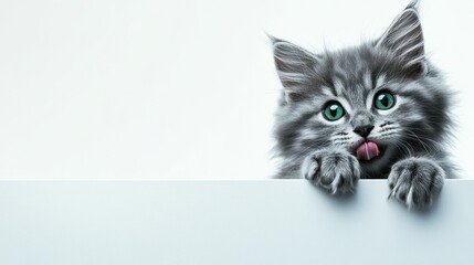 Cute Gray Kitten Peeking Over Edge with Tongue Out on White Background